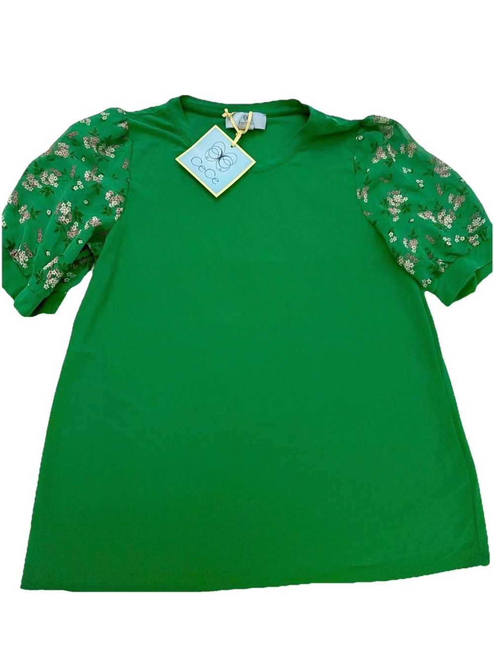 CeCe Emerald Green Knit Top with Floral Puff Sleeves small bohemian